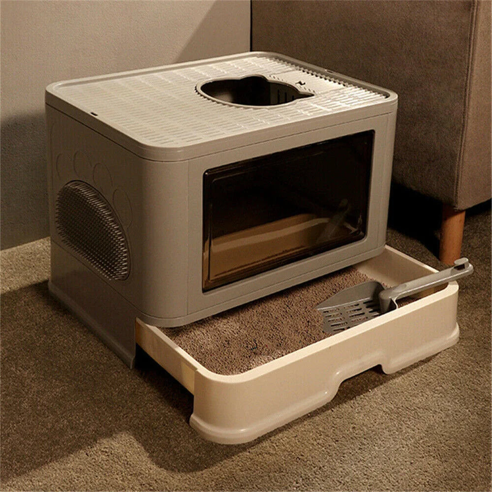 PureVitam Stainless Steel Cat Litter Box - High Sided, Enclosed with Lid, Pedal, Scoop - Large 30L Capacity