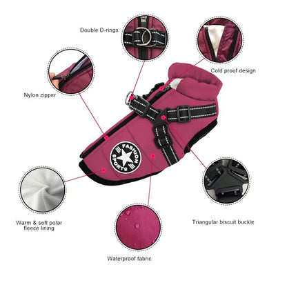 Waterproof Winter Dog Jacket with Built-In Harness Ring